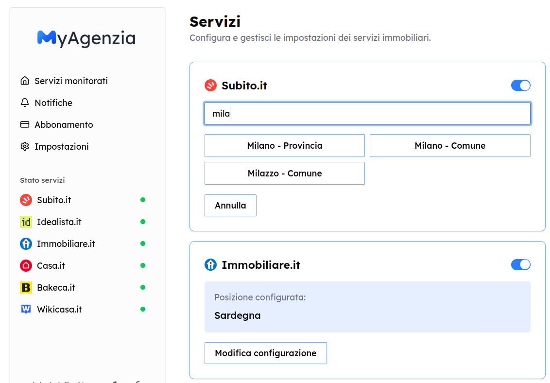 Configurazione zona di monitoraggio MyAgenzia